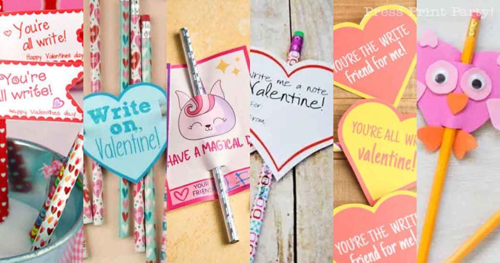 A colorful collage of pencil valentines and cards features delightful designs, including hearts, a unicorn with "Have a Magical Valentine," and an owl. Charming phrases like "You're all write, Valentine" and "You're the write friend for me" add to the festive charm.
