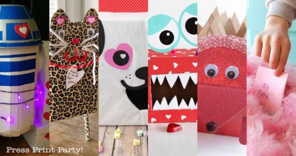 Creative Valentine's Day boxes featuring imaginative designs—like a robot, leopard, heart-eyed character, monster with teeth, and red dragon—are perfect valentine box ideas for school. In the colorful scene, a hand slips a pink note into one box, capturing the playful spirit of the occasion.