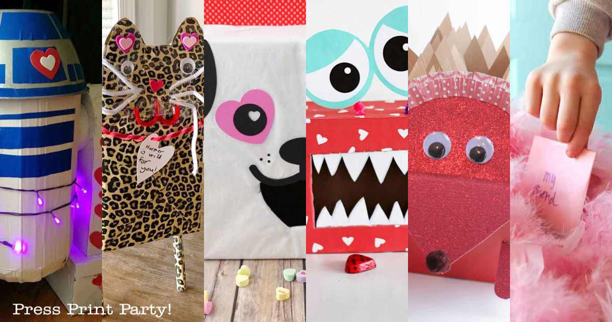 Creative Valentine's Day boxes featuring imaginative designs—like a robot, leopard, heart-eyed character, monster with teeth, and red dragon—are perfect valentine box ideas for school. In the colorful scene, a hand slips a pink note into one box, capturing the playful spirit of the occasion.