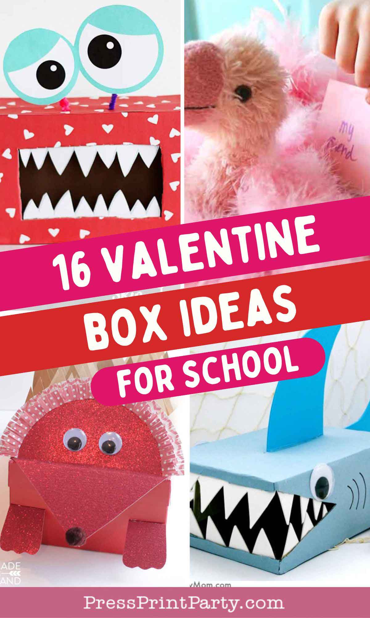 A collage showcases four inventive Valentine box ideas for school: a comical red monster, a fluffy pink pig clutching an envelope, a vibrant red crab, and a sleek blue shark. The text overlay highlights "16 Valentine Box Ideas for School," perfect for sparking creativity and fun.