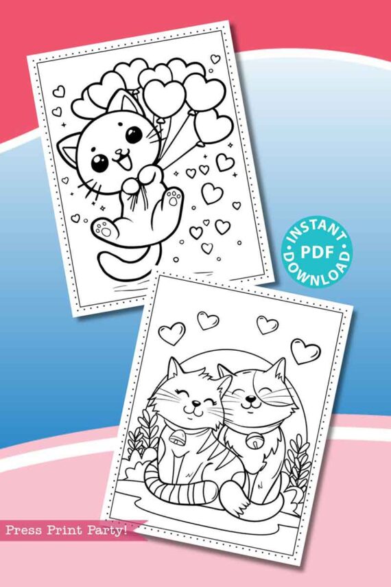 Two printable pages from the Valentine Cats Coloring Book feature one cat with balloons and hearts, and two cats with a heart background. An instant PDF download.