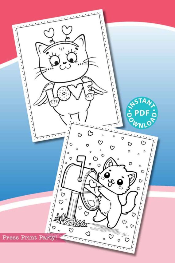 Two charming Valentine cat coloring pages feature one cat with a "LOVE" sign and another by a mailbox. The background has a pink and blue gradient. Product: Valentine Cats Coloring Book 10 Printable Pages, "Press Print Party!" Instant PDF Download.