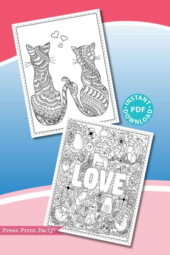 Two pages from the "Valentine Cats Coloring Book 10 Printable Pages" are displayed: one with two intricately patterned Valentine cats with entwined tails and the other featuring "LOVE" surrounded by doodles. Labeled as an "Instant PDF Download.