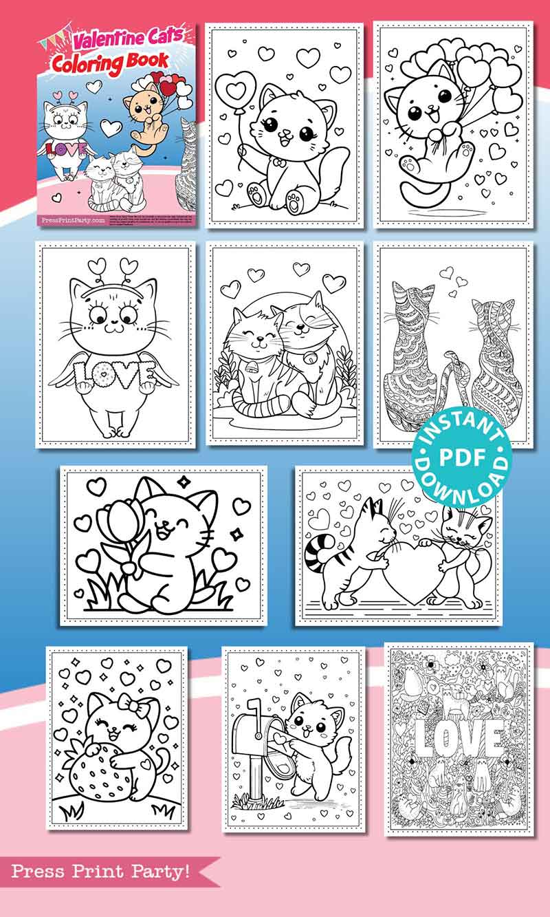 A template featuring Valentine's Day-themed cat coloring pages with adorable cats, heart motifs, and romantic elements. Includes winged cats, hugging cats, and heart surrounds. Instantly downloadable as a PDF.