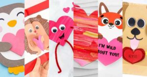 A collage of six charming Valentine paper crafts featuring delightful animals: an owl, hedgehog, heart character, abstract heart design, fox, and dog. Crafted from paper and adorned with pink and red hues, each creation is enhanced with googly eyes and playful heart shapes.