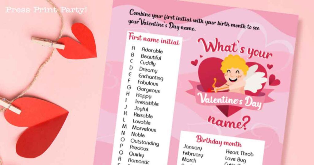 Discover your Valentine's Day name with this charming generator set against a pink background. On the left, initials pair with sweet adjectives, while on the right, months reveal words like Heart and Love. A cupid illustration adds whimsy near the title "What's your Valentine's Day name?.