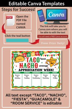 Discover our Staff/Teacher Appreciation Week Fiesta Bundle with editable Canva templates. Open the PDF named CANVA, click