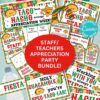 The Staff/Teacher Appreciation Week Fiesta Bundle is a colorful party package featuring taco and nacho puns, editable signs, water bottle labels, and invitations with vibrant colors and festive designs.
