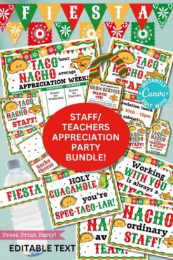 The Staff/Teacher Appreciation Week Fiesta Bundle is a colorful party package featuring taco and nacho puns, editable signs, water bottle labels, and invitations with vibrant colors and festive designs.