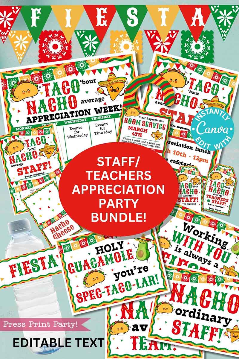 The Staff/Teacher Appreciation Week Fiesta Bundle is a colorful party package featuring taco and nacho puns, editable signs, water bottle labels, and invitations with vibrant colors and festive designs.