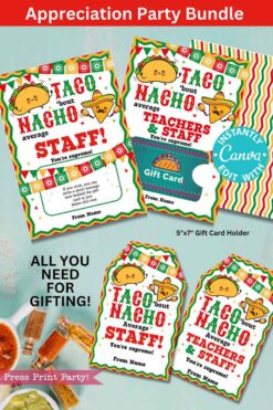 The Staff/Teacher Appreciation Week Fiesta Bundle features taco-themed designs, including gift card holders and tags stating "Taco 'bout nacho average staff! You're supreme!" It offers edit suggestions with Canva and includes festive party decorations and food items.