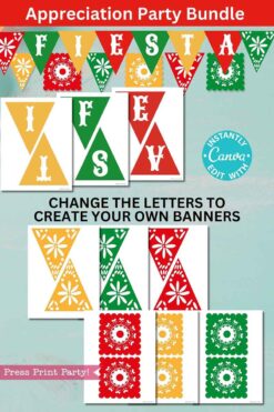 Festive fiesta-themed banner templates in red, green, and yellow with floral patterns and triangular/rectangular shapes. Text includes “Staff/Teacher Appreciation Week Fiesta Bundle” and “Change the Letters to Create Your Own Banners.”.