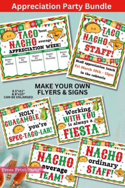 The Staff/Teacher Appreciation Week Fiesta Bundle is a festive set featuring taco-themed designs in red, green, and yellow. It includes flyer and sign templates with fun phrases like