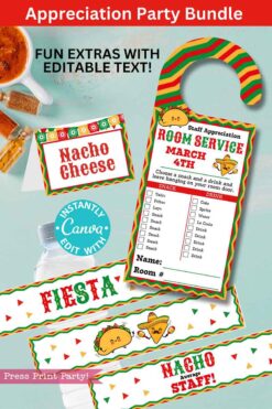 The Staff/Teacher Appreciation Week Fiesta Bundle features a Mexican-themed party set with room service door hangers and nacho cheese labels. It showcases green, red, and yellow stripes with taco and sombrero graphics, plus editable text accessible through Canva.
