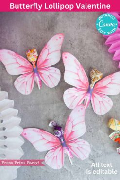 Three butterfly-shaped paper crafts with lollipop bodies are arranged on a gray surface. Featuring pink with heart patterns, they showcase different lollipop flavors. Text overlays advertise editing options and the 