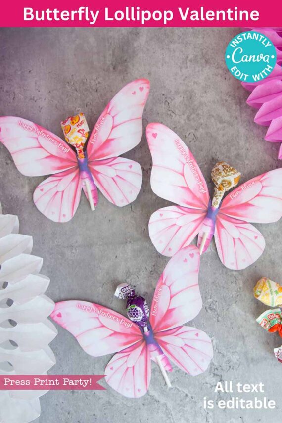 Three butterfly-shaped paper crafts with lollipop bodies are arranged on a gray surface. Featuring pink with heart patterns, they showcase different lollipop flavors. Text overlays advertise editing options and the "template (Copy) (Copy)" design service.