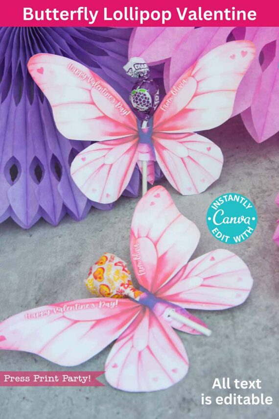 Two pink butterfly-shaped lollipop holders sit on a gray surface, each holding a lollipop as the body. Purple paper decorations are in the background. The image includes text mentioning editing with Canva and a Valentine's Day theme, featuring the product "template (Copy) (Copy).