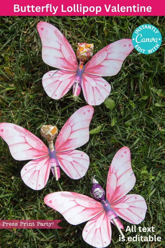 Three butterfly-shaped pink paper crafts with lollipops at the center rest on green grass. The top section mentions editing with Canva, and the bottom section has "Press Print Party" and editable text. Product: template (Copy) (Copy).
