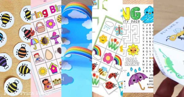 A collage of spring-themed activities. Includes bingo cards with bees and flowers, a maze with a sun, a cube with animals, and images of rainbows and clouds against a blue sky. Printable Spring Activities