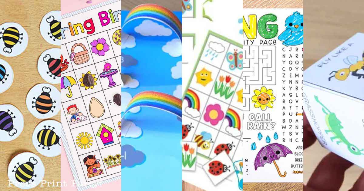 A collage of spring-themed activities. Includes bingo cards with bees and flowers, a maze with a sun, a cube with animals, and images of rainbows and clouds against a blue sky. Printable Spring Activities
