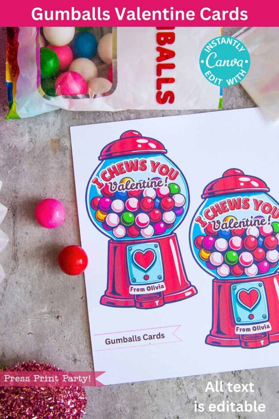 Two "Gumballs Valentine Cards" featuring the phrase "I Chews You Valentine," displayed with colorful gumballs. Includes instant Canva edits for personalized designs. Product name: template (Copy) (Copy).