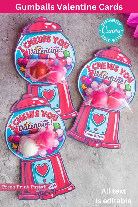 Get three gumball-themed Valentine cards with "I Chews You, Valentine!" Each card has a cartoon gumball machine, colorful gumballs, and a customizable name area at the bottom. Editable with Canva using template (Copy) (Copy).
