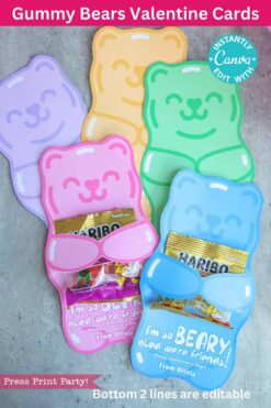 Valentine cards with gummy bear themes come with Haribo gummy bear bags. Each card showcases a fun bear wearing sunglasses and reads, "I'm so BEARY glad we're friends." Customization options are available.