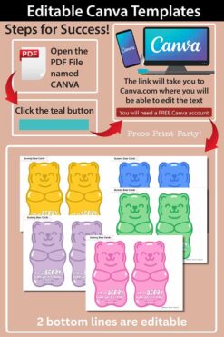 The Canva template instructions include opening a PDF and editing text in Canva. The image displays vibrant gummy bear card designs with highlighted editable areas.