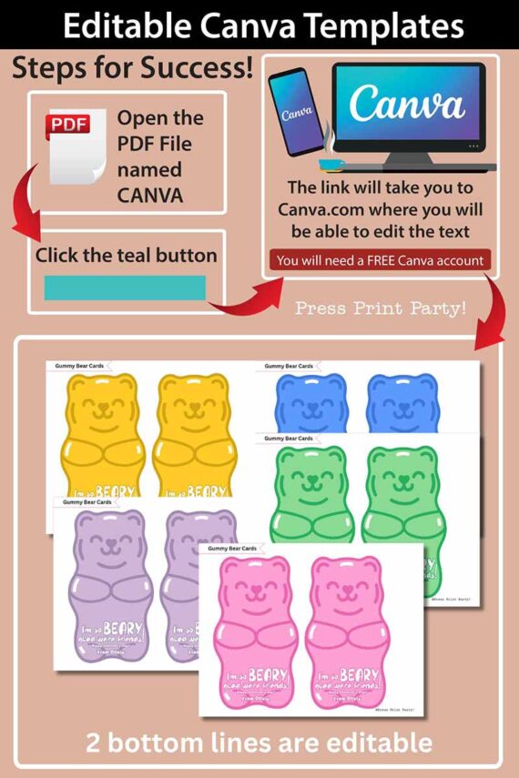 The Canva template instructions include opening a PDF and editing text in Canva. The image displays vibrant gummy bear card designs with highlighted editable areas.