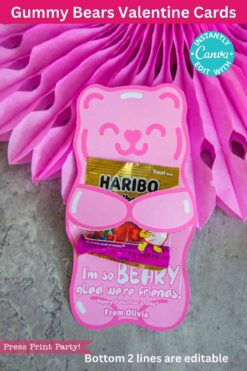 Pink Valentine card shaped like a gummy bear, featuring a pack of Haribo gummy bears. The card says "I'm so beary glad we're friends!" on a textured pink background, with customizable and editable text lines on top and bottom.