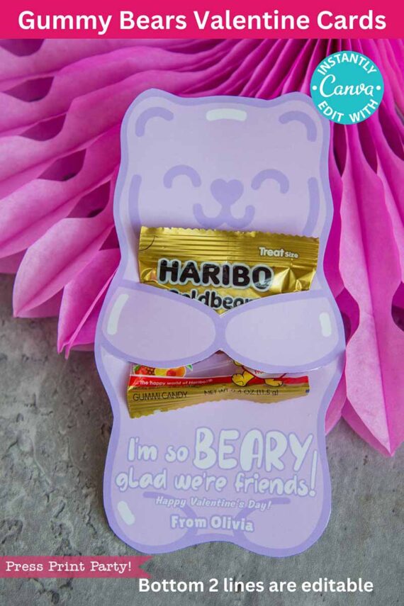A purple bear-shaped Valentine card features two candy packets, with the text "I'm so BEARY glad we're friends! Happy Valentine's Day!" set against pink paper decor. Canva edit suggestions included; editable lines noted in the footer. Product: template (Copy) (Copy).