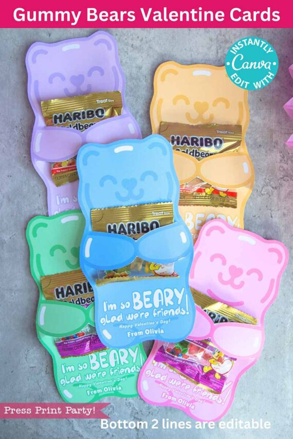 Gummy bear-themed Valentine cards in purple, pink, and blue featuring Haribo gummy packets. Each card reads "I'm so BEARY glad we're friends!" Text: "Instafly Edit with Canva.