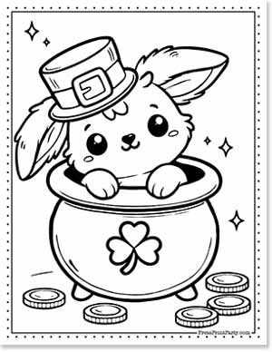 Cute bunny wearing a leprechaun hat sitting in a pot with a shamrock emblem. Coins are scattered around the base, and stars are in the background, creating a festive St. Patrick's Day theme.