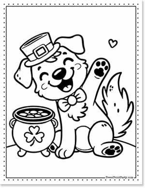 Cheerful cartoon dog wearing a leprechaun hat and bow tie, raising one paw. Next to the dog is a pot filled with coins, adorned with a shamrock. A small heart floats near the dog's head. The image is outlined for coloring.