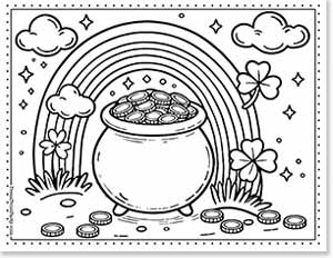 A coloring page depicting a pot filled with coins at the end of a rainbow, surrounded by clouds, stars, and clovers. Additional coins are scattered on the ground. The scene captures a whimsical, magical theme.