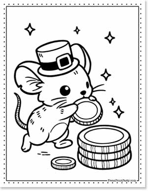 Illustration of a cute mouse wearing a pilgrim hat, holding a coin. The mouse stands beside a stack of coins, with stars around it. The image has a decorative dotted border.