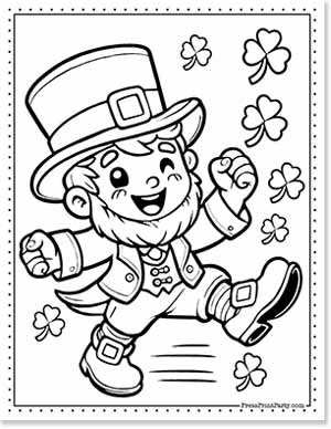 A black-and-white coloring page featuring a cheerful leprechaun in a tall hat and buckled shoes, surrounded by shamrocks. The leprechaun is winking and depicted in a joyful, skipping pose.