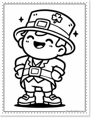 A cartoon leprechaun with a big smile stands confidently, wearing a large hat with a shamrock, outfit with belt buckle, and shoes with buckles. The image is outlined for coloring.