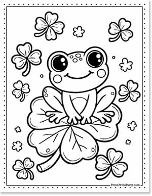 A cute frog with large eyes sits happily on a large clover leaf. Surrounding the frog are smaller clover leaves and tiny stars, creating a whimsical and cheerful scene.