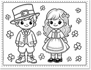 Black and white illustration of a boy and girl in traditional Irish clothing surrounded by shamrocks. The boy wears a hat, jacket, and boots, while the girl has a dress and floral hair accessory. Decorative border surrounds them.