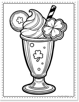 Black and white drawing of a milkshake in a tall glass, topped with whipped cream, a striped straw, and adorned with shamrock shapes and a kiwi slice.