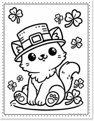 Cute cat wearing a leprechaun hat, surrounded by shamrocks. The cat sits with a cheerful expression in a whimsical, outlined style, suitable for coloring.