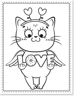 Black and white illustration of a cute cat with heart-topped antennae and small wings, holding the word "LOVE" decorated with patterns. The image has a dotted border.