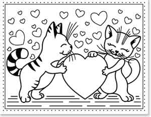 Two cartoon cats smiling and holding a large heart between them. Hearts of various sizes are scattered in the background. The image is outlined and appears to be a coloring page.