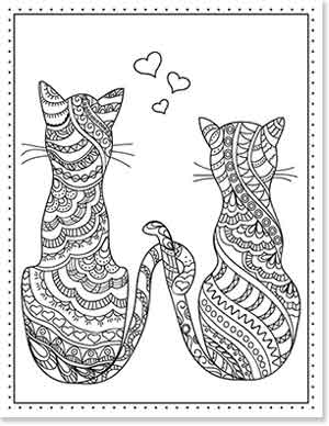 Illustration of two intricately patterned cats sitting side by side, facing away. Their tails curl gently around each other. Three small hearts float above them, indicating affection. The background is plain with a dotted border.