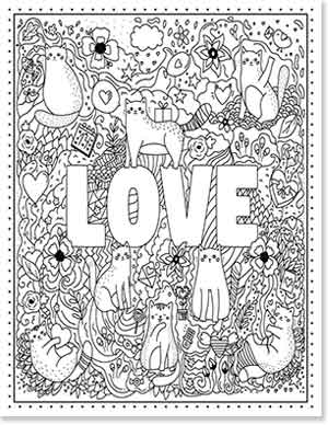A black and white coloring page featuring the word "LOVE" surrounded by various whimsical cats and intricate floral patterns, hearts, and swirls.