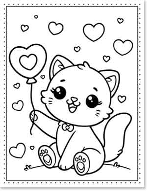 A cute cartoon kitten holding a heart-shaped balloon sits happily among floating heart shapes. The kitten has big eyes, a bow around its neck, and small heart patterns on its paws. The black and white illustration is surrounded by a dotted border.