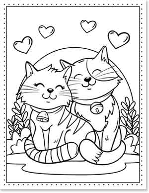 Illustration of two smiling cats sitting closely with intertwined tails. They wear collars and are surrounded by plants and four heart shapes above. The background includes a large circle resembling the sun.