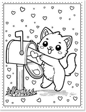 A cute cartoon cat places a heart-shaped letter into a mailbox. The background is filled with small hearts, adding a playful and affectionate atmosphere to the illustration.