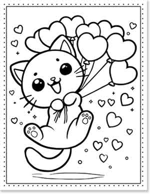 Cute cartoon cat holding a bunch of heart-shaped balloons, surrounded by floating hearts. The cat has a joyful expression and is in a playful pose. The image is outlined in black and white.